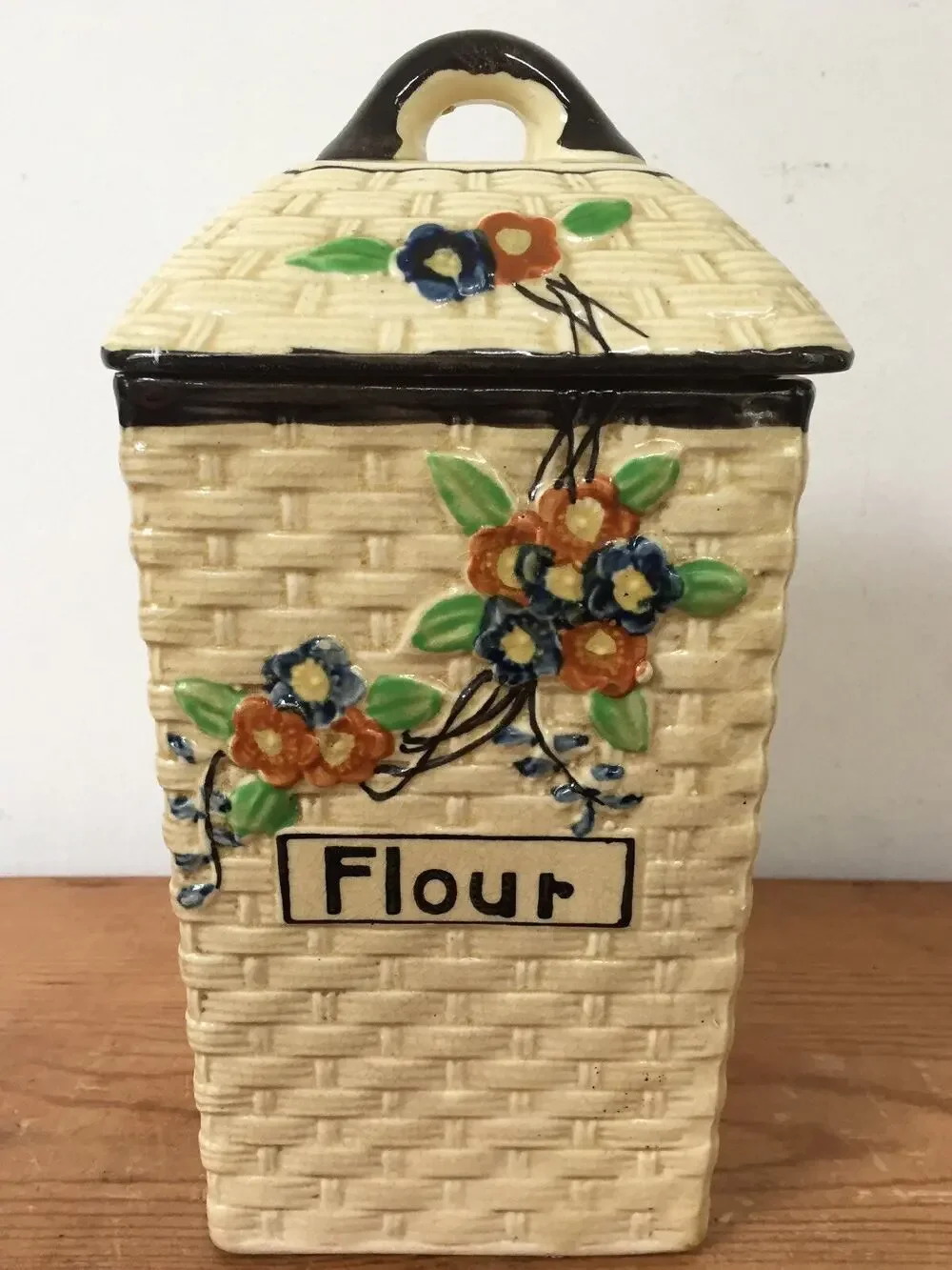 Vtg Hotta Yu Shoten Japanese Basketweave Majolica Blossom Flour Kitchen Canister